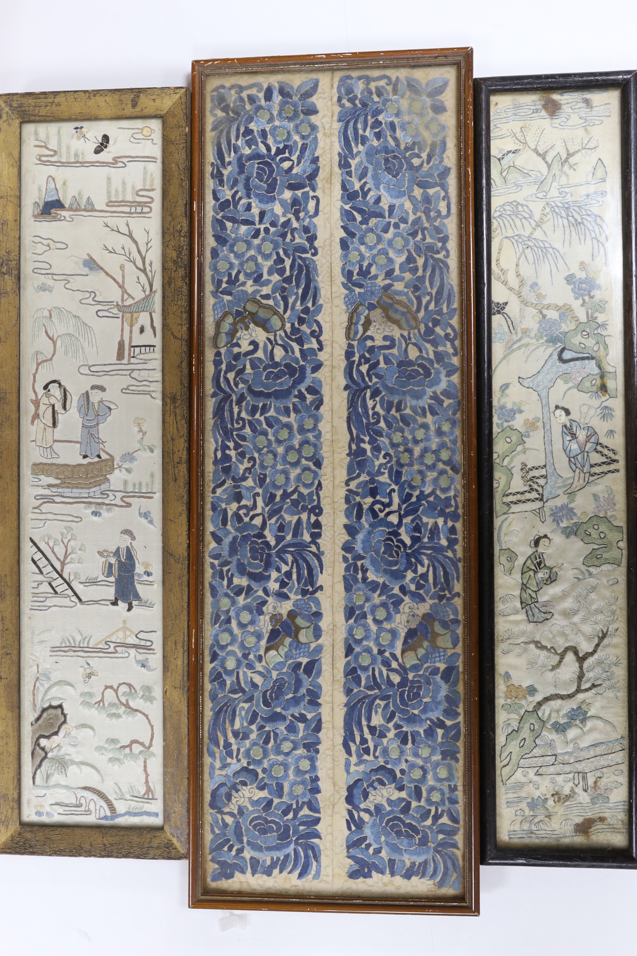 Two pairs of framed late 19th century Chinese embroidered sleeve bands and a similar single embroidered sleeve band, longest 56cm